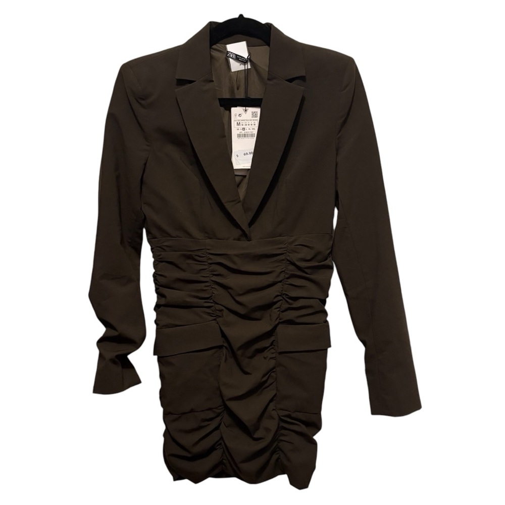 Zara nwt M Kakhi Green suit jacket mini dress ruching padded shoulders  90s Sexy